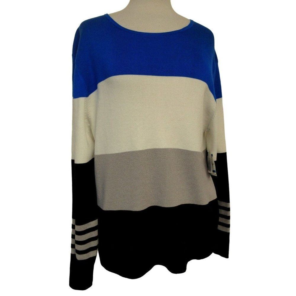 Anne Klein Colorblocked Pullover Cotton Knit Top Multicolor Long Sleeve Sz XL